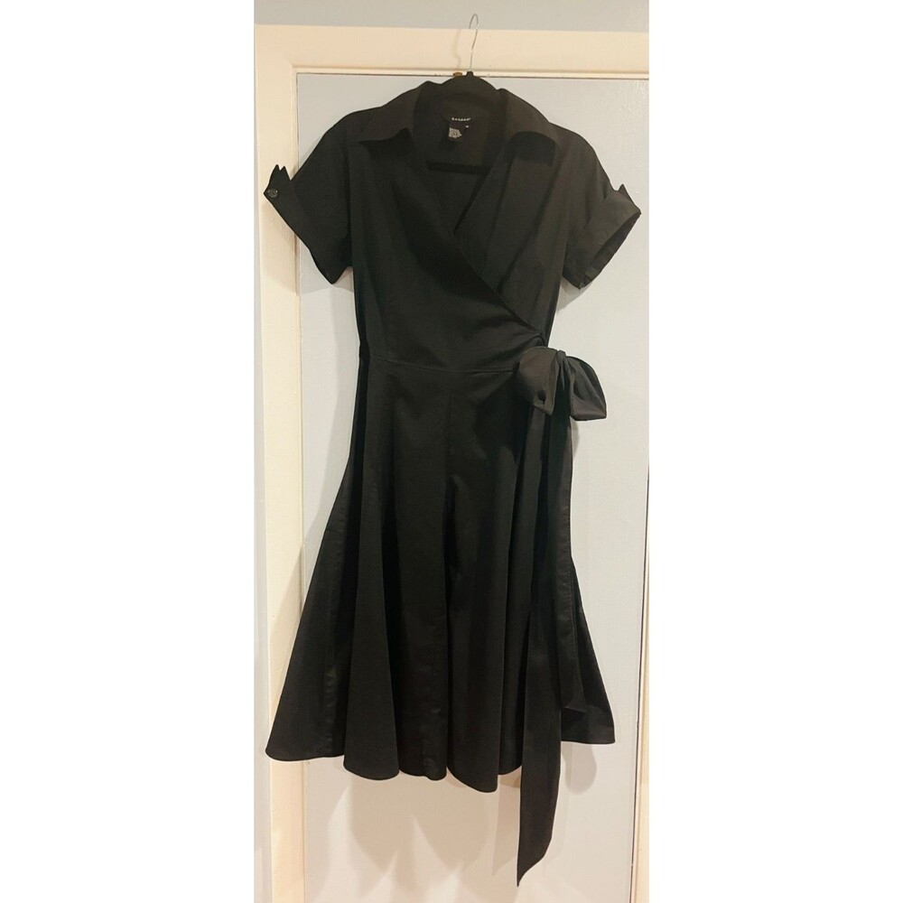 Sandro Women Faux Wrap Black Midi Dress 12 Cotton Short Sleeve V-Neck Retro 50s - Picture 1 of 5